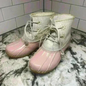 Jack Rogers Chloe Blush Metallic Rain Duck Boots Women's 7M NWOB Sherpa Lining